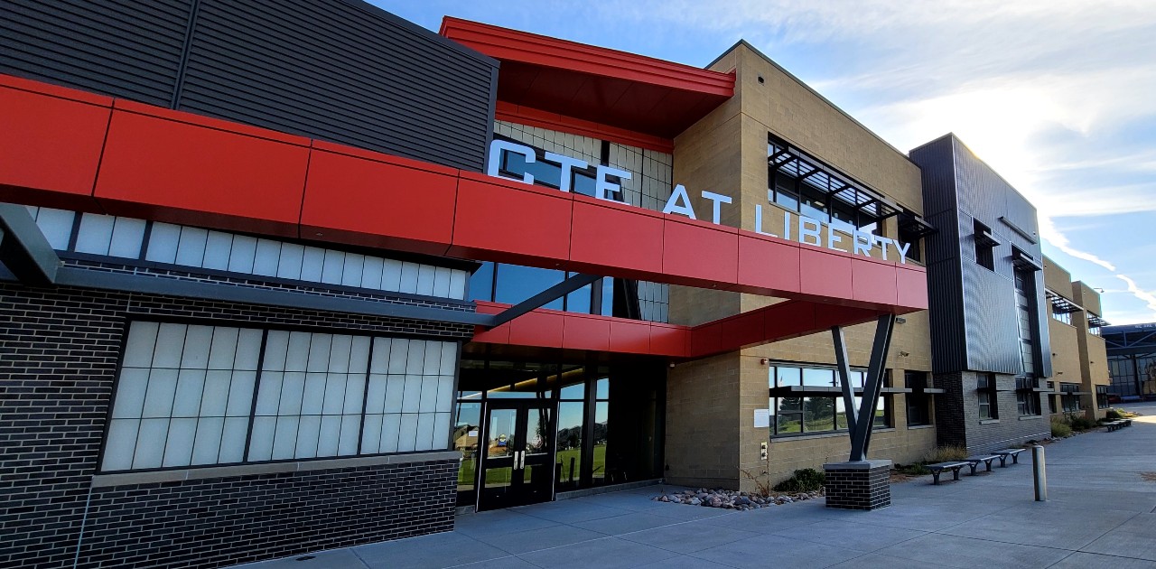 An exterior photo of the CTE wing at Liberty High School.